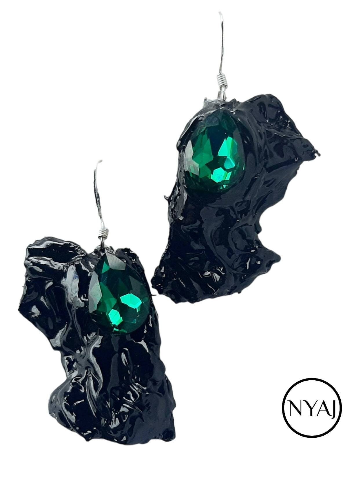 S925 Sustainable Statement Earrings Handmade Mother's Day EMERALD Futuristic Mystical Unique Upcycled RARE Gothic Avant-garde Dark Feminine
