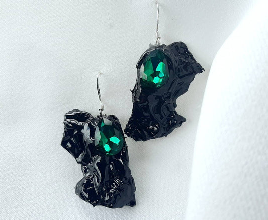 S925 Sustainable Statement Earrings Handmade Mother's Day EMERALD Futuristic Mystical Unique Upcycled RARE Gothic Avant-garde Dark Feminine