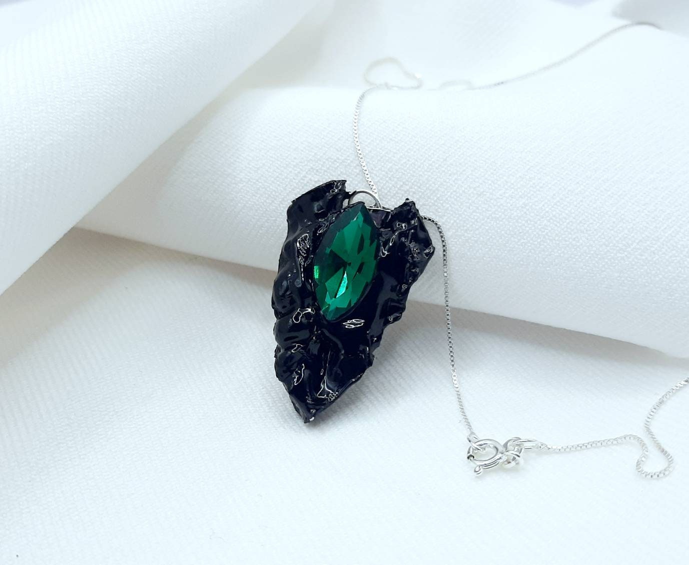 S925 Sustainable Statement Emerald "KAYMA" Pendant Mothers Day Gift Handmade Mystical Unique Upcycled RARE Modern Avant Garde Dark Feminine