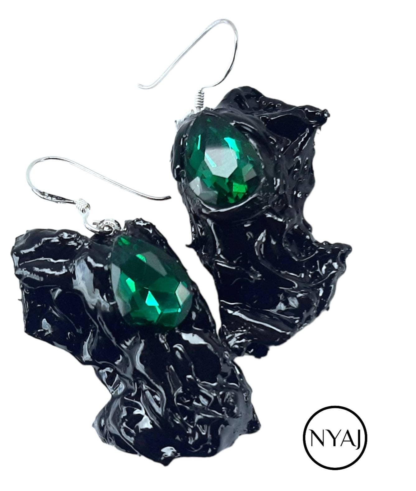 S925 Sustainable Statement Earrings Handmade Mother's Day EMERALD Futuristic Mystical Unique Upcycled RARE Gothic Avant-garde Dark Feminine