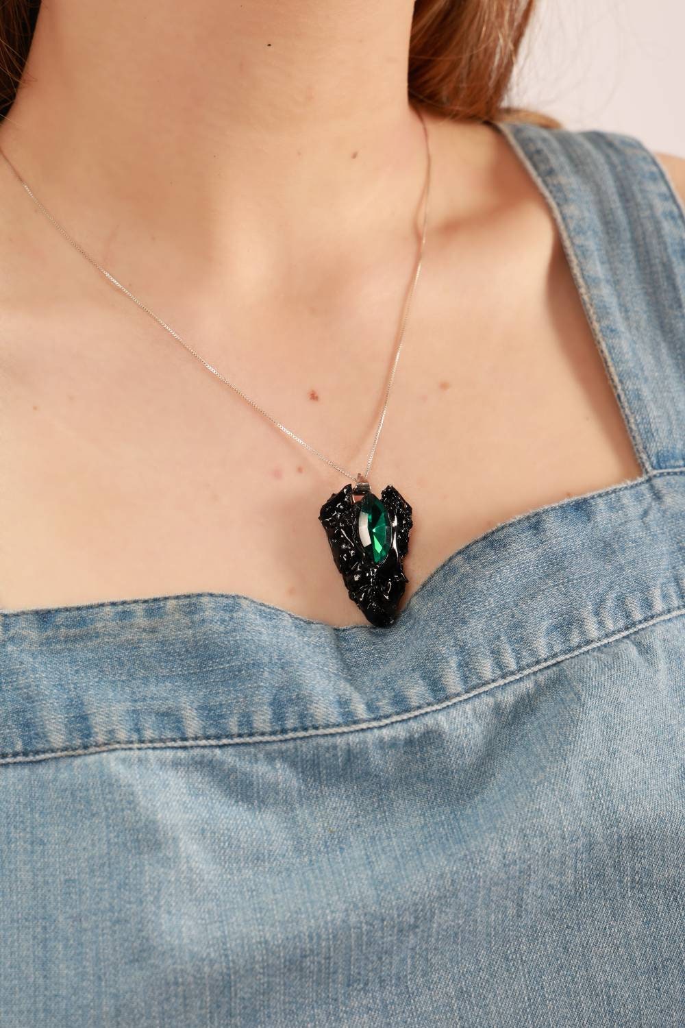 S925 Sustainable Statement Emerald "KAYMA" Pendant Mothers Day Gift Handmade Mystical Unique Upcycled RARE Modern Avant Garde Dark Feminine